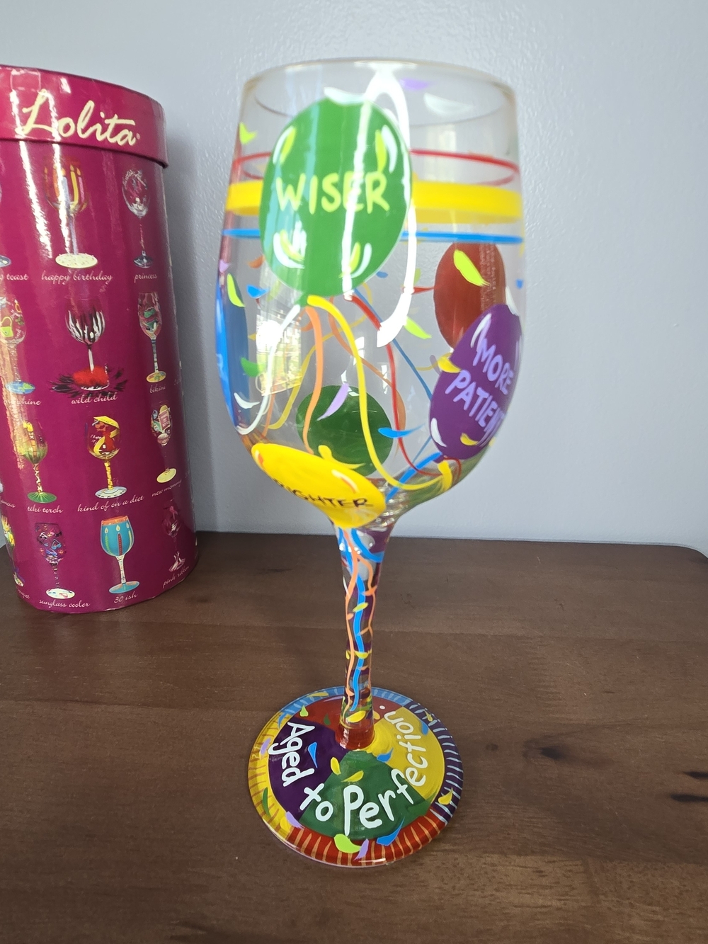 Lolita Hand-Painted 'Aged to Perfection' Happy Birthday 15oz Colorful Wine Glass
